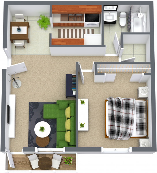 Floor plan for 1 bed, 1 bath, 520 sqft